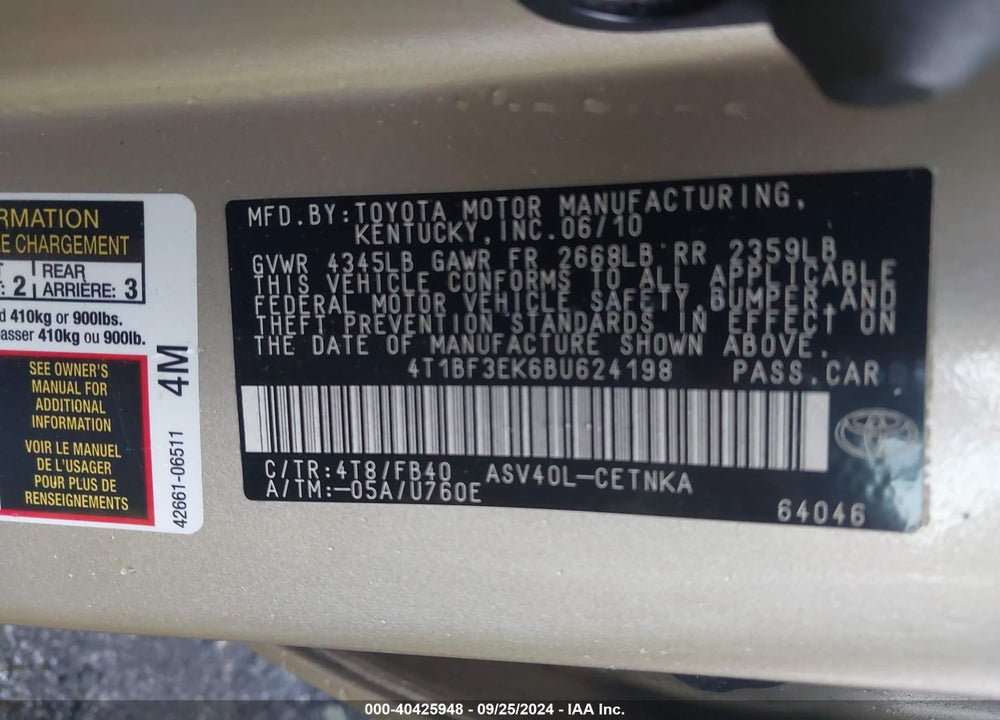 2011 TOYOTA CAMRY LE VIN: 4T1BF3EK6BU624198