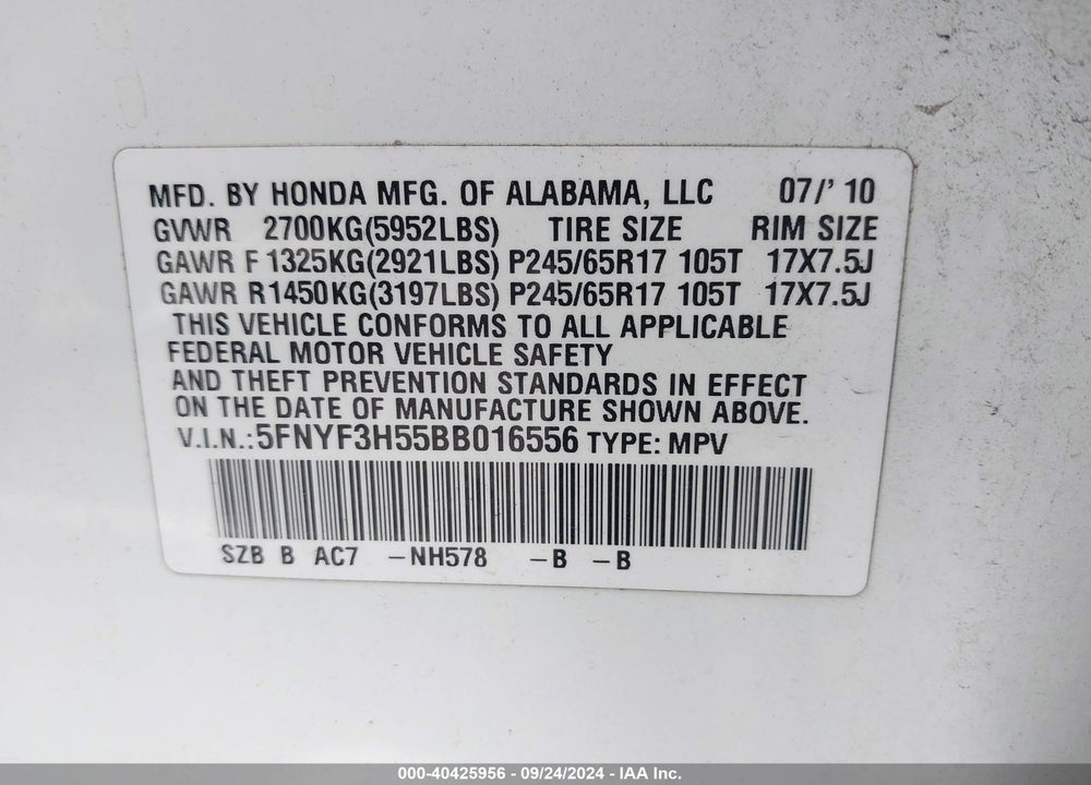 2011 HONDA PILOT EX-L VIN: 5FNYF3H55BB016556