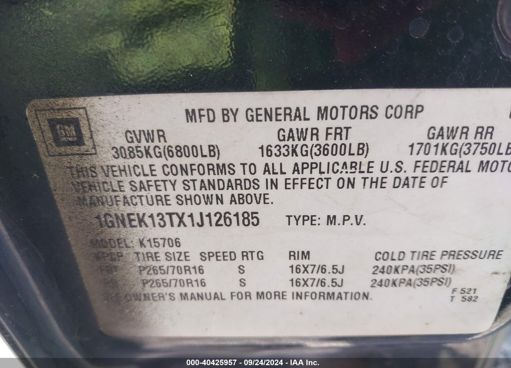 2001 CHEVROLET TAHOE LT VIN: 1GNEK13TX1J126185