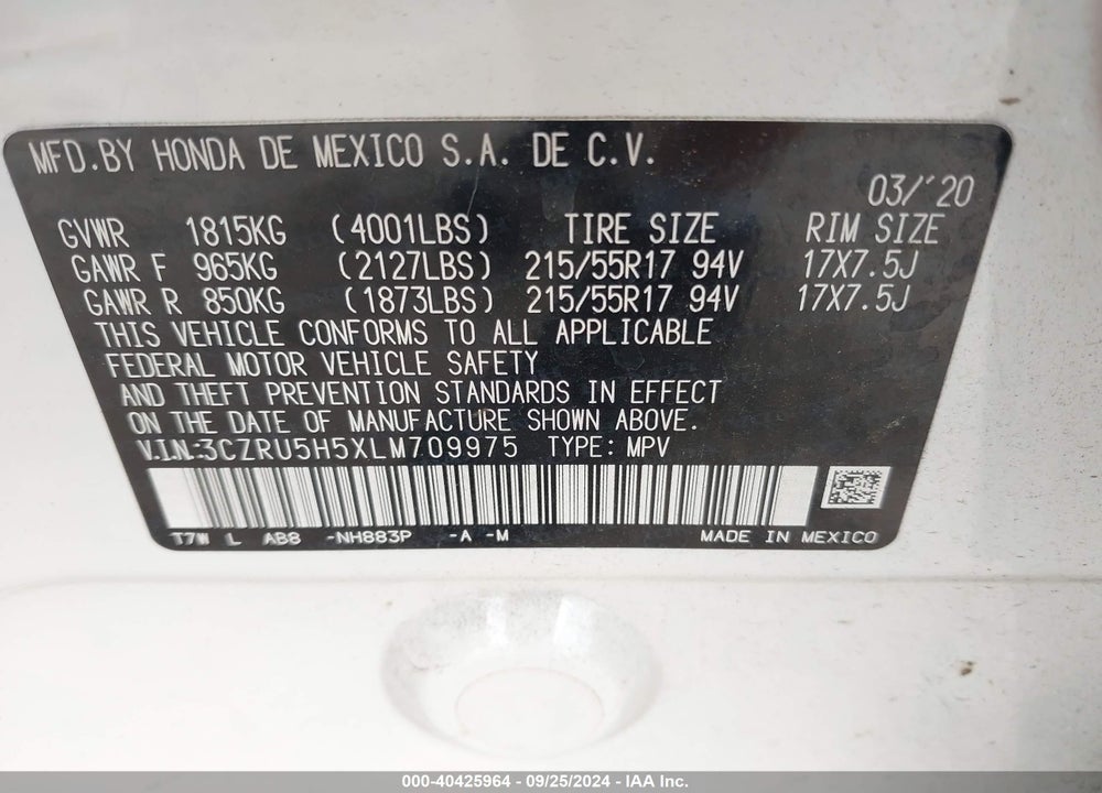 2020 HONDA HR-V 2WD EX VIN: 3CZRU5H5XLM709975