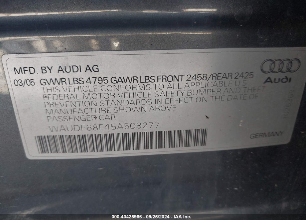 2005 AUDI A4 2.0T VIN: WAUDF68E45A508277