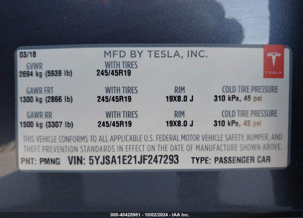 2018 TESLA MODEL S 100D/75D/P100D VIN: 5YJSA1E21JF247293
