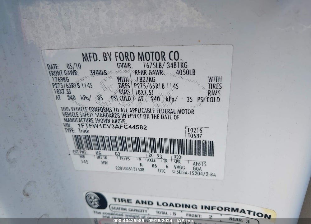 2010 HARLEY-DAVIDSON FORD F-150 FX4//KING RANCH/LARIAT/PLATINUM/XL/XLT VIN: 1FTFW1EV3AFC44582