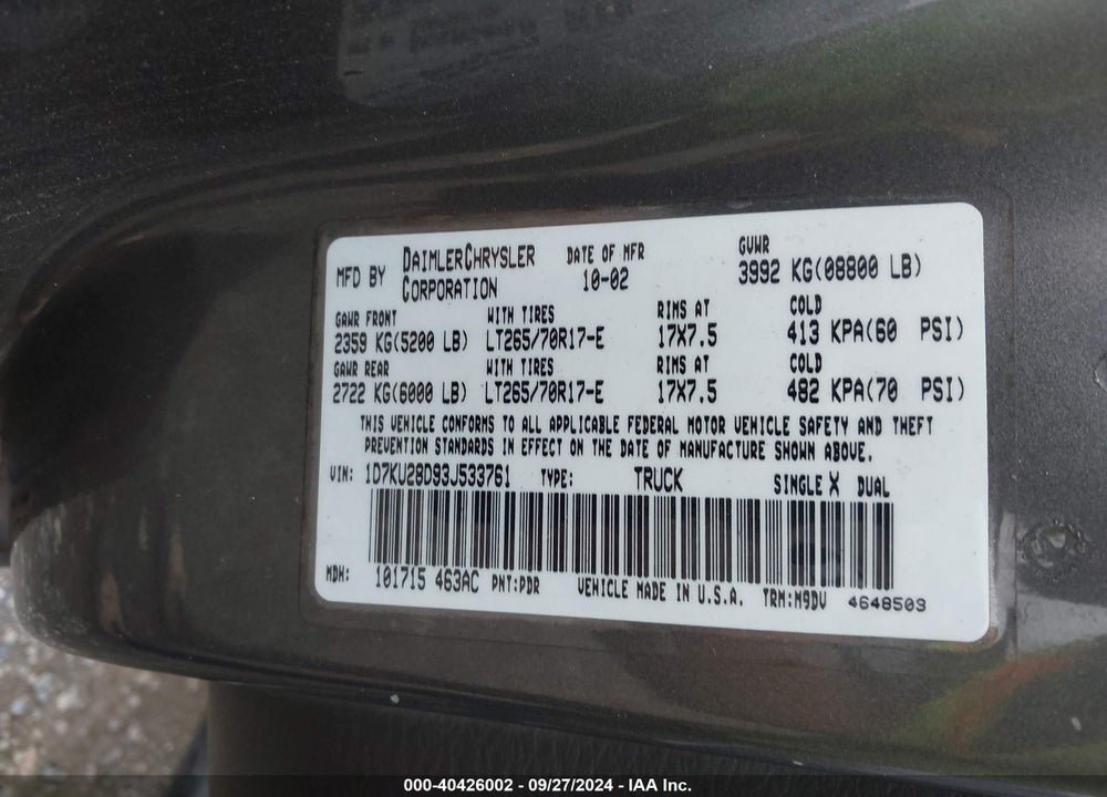 2003 DODGE RAM 2500 SLT/LARAMIE/ST VIN: 1D7KU28D93J533761