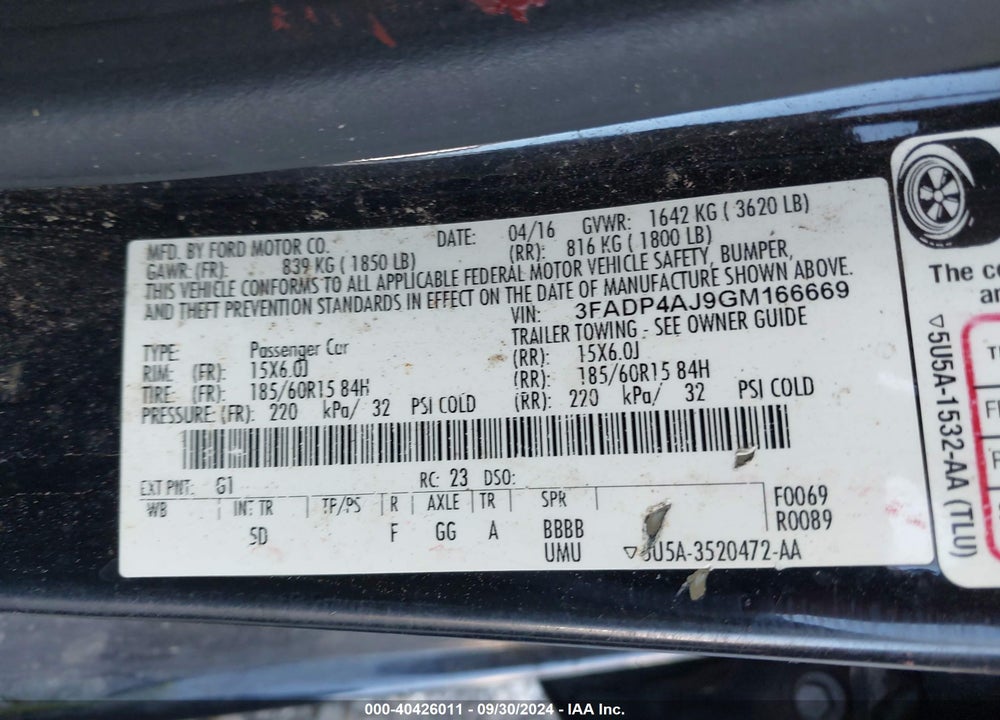 2016 FORD FIESTA S VIN: 3FADP4AJ9GM166669