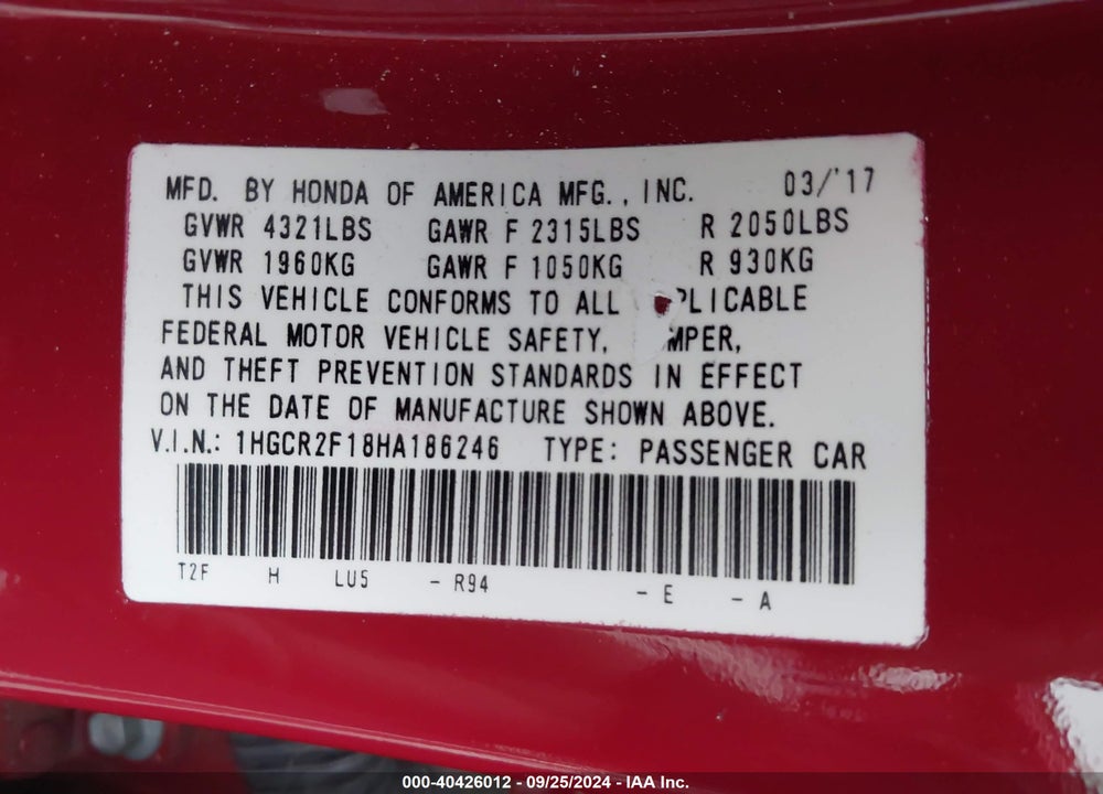 2017 HONDA ACCORD SPORT SE VIN: 1HGCR2F18HA186246