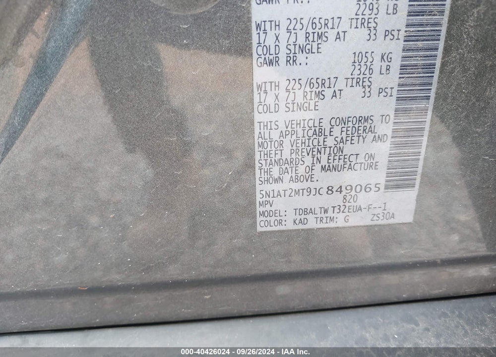 2018 NISSAN ROGUE SV VIN: 5N1AT2MT9JC849065