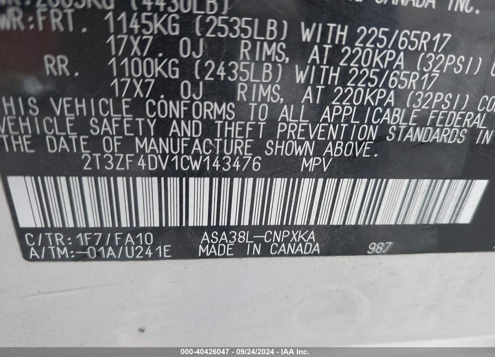 2012 TOYOTA RAV4 VIN: 2T3ZF4DV1CW143476