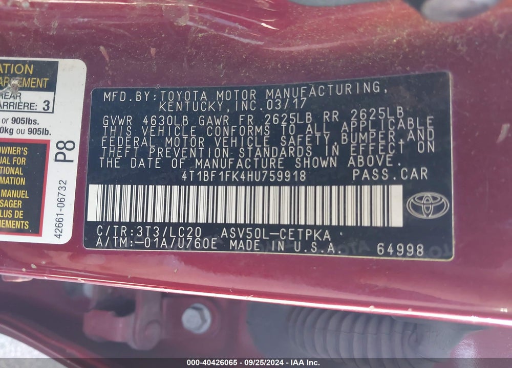 2017 TOYOTA CAMRY XSE VIN: 4T1BF1FK4HU759918