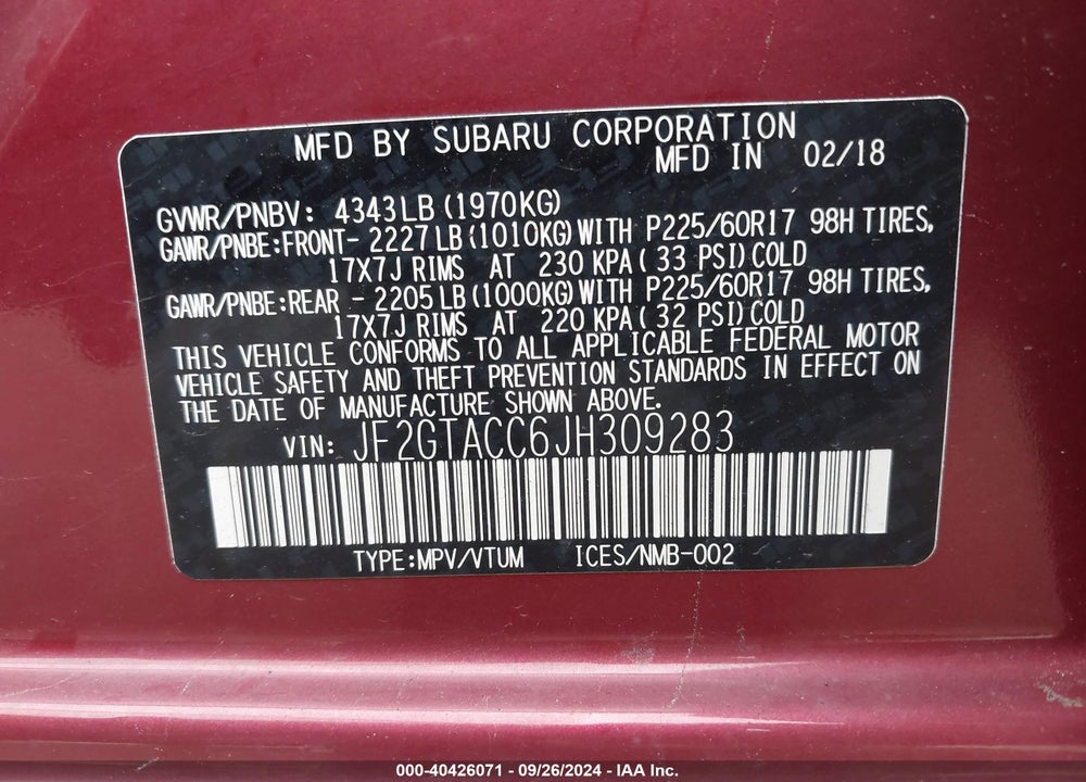 2018 SUBARU CROSSTREK 2.0I PREMIUM VIN: JF2GTACC6JH309283
