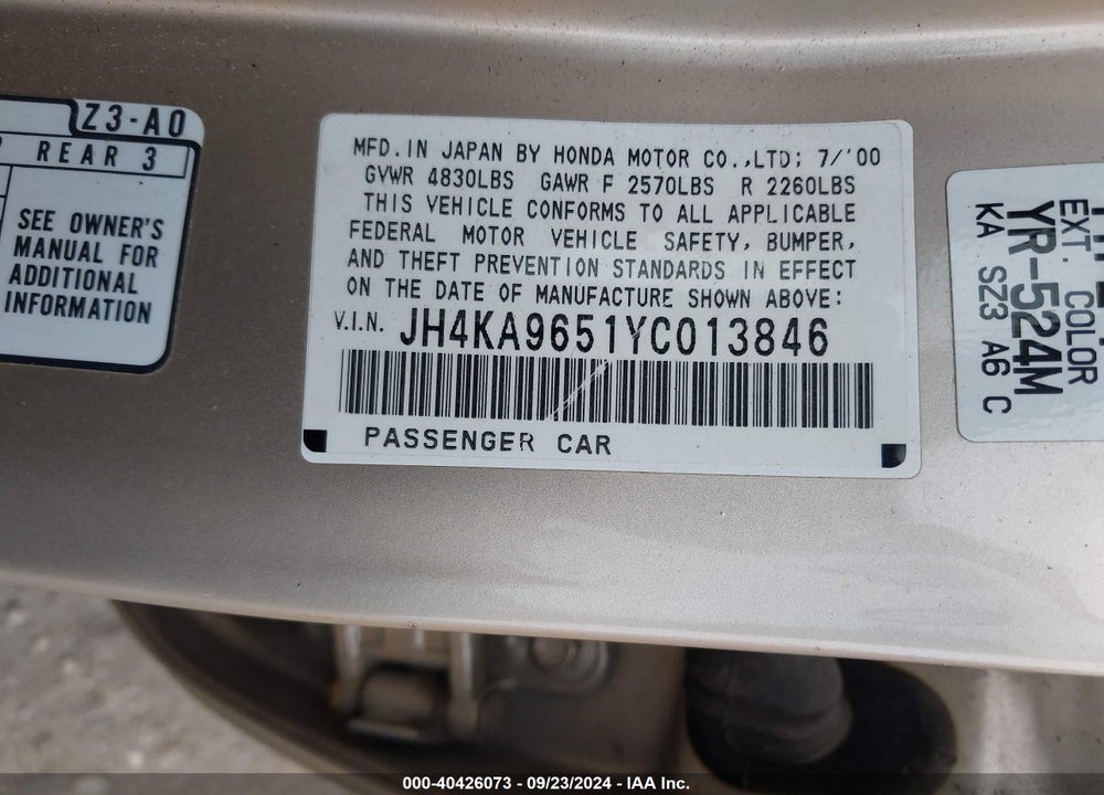 2000 ACURA RL 3.5 VIN: JH4KA9651YC013846