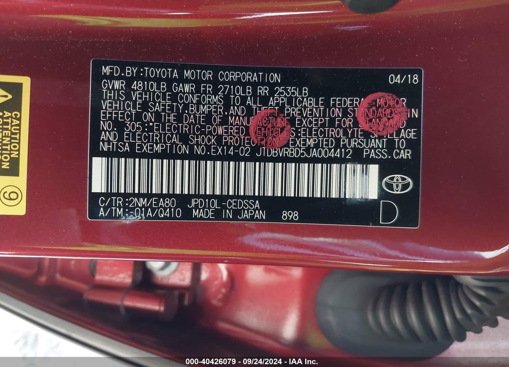 2018 TOYOTA MIRAI VIN: JTDBVRBD5JA004412