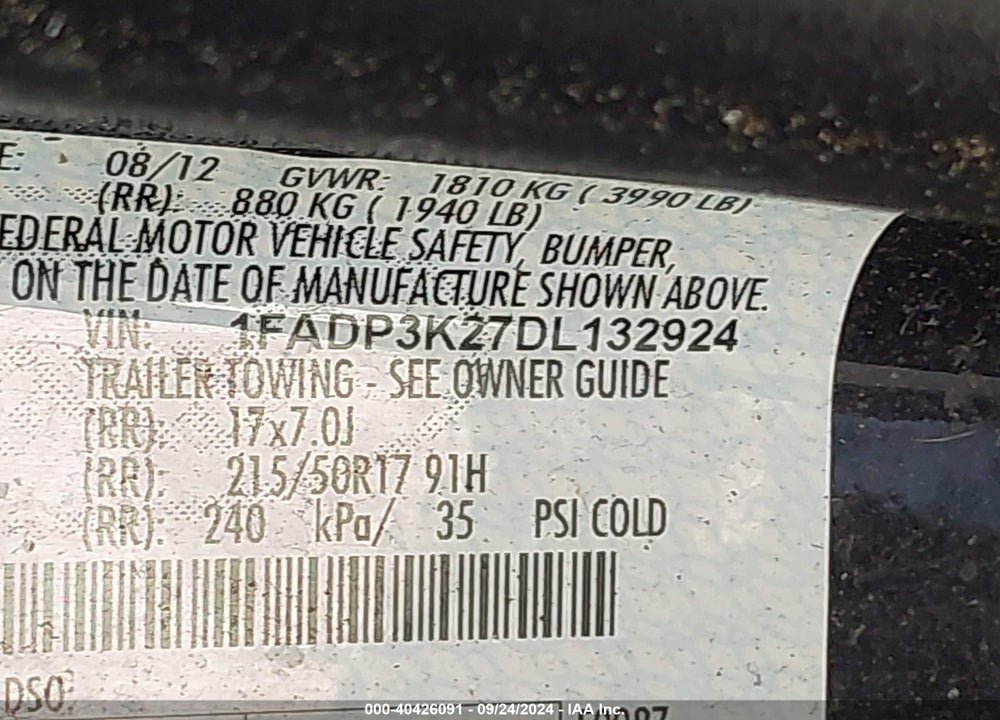 2013 FORD FOCUS SE VIN: 1FADP3K27DL132924