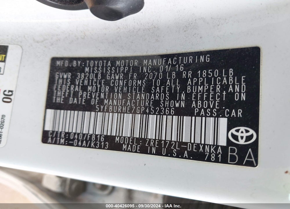 2016 TOYOTA COROLLA LE VIN: 5YFBURHE7GP452366