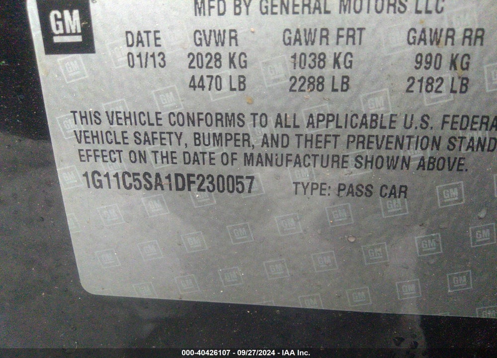 2013 CHEVROLET MALIBU 1LT VIN: 1G11C5SA1DF230057