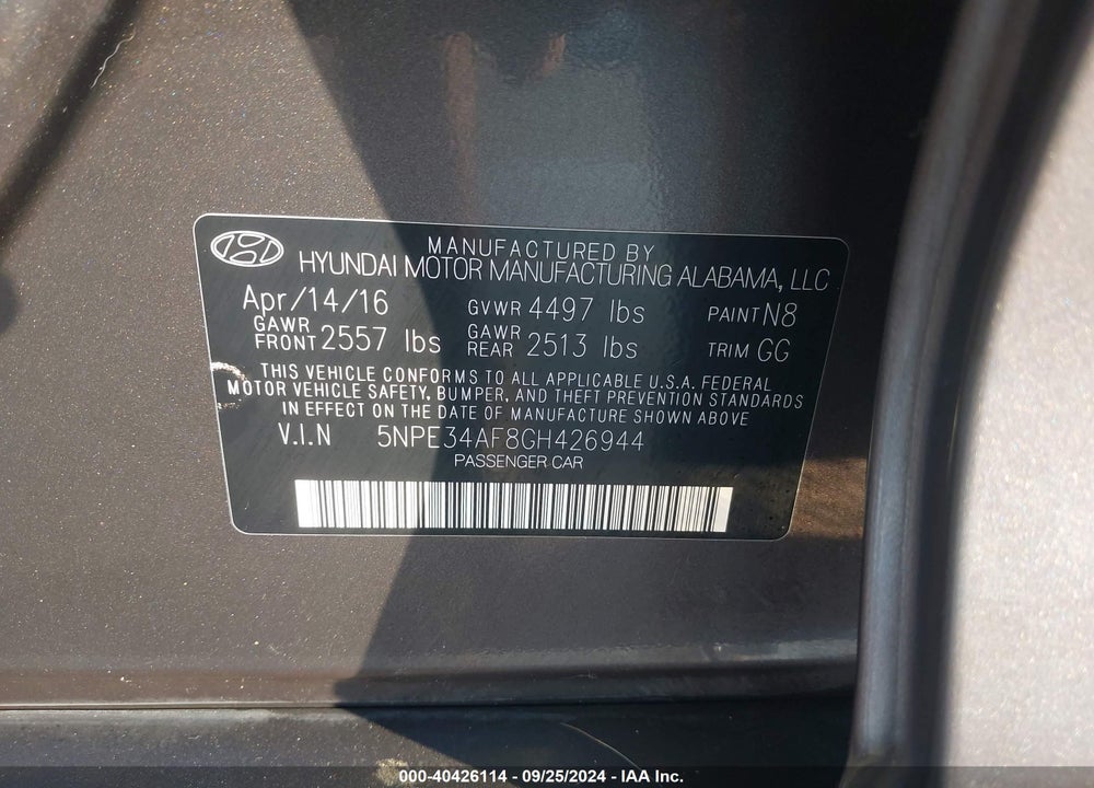 2016 HYUNDAI SONATA SPORT VIN: 5NPE34AF8GH426944