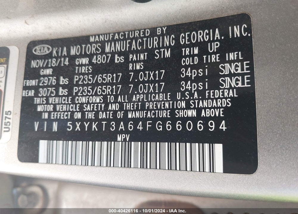2015 KIA SORENTO LX VIN: 5XYKT3A64FG660694