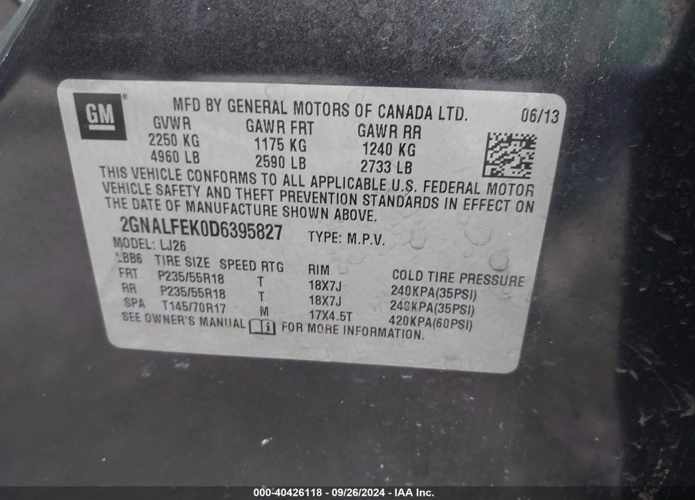 2013 CHEVROLET EQUINOX LTZ VIN: 2GNALFEK0D6395827