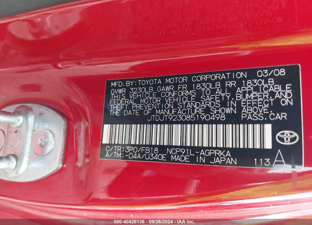 2008 TOYOTA YARIS VIN: JTDJT923085190498