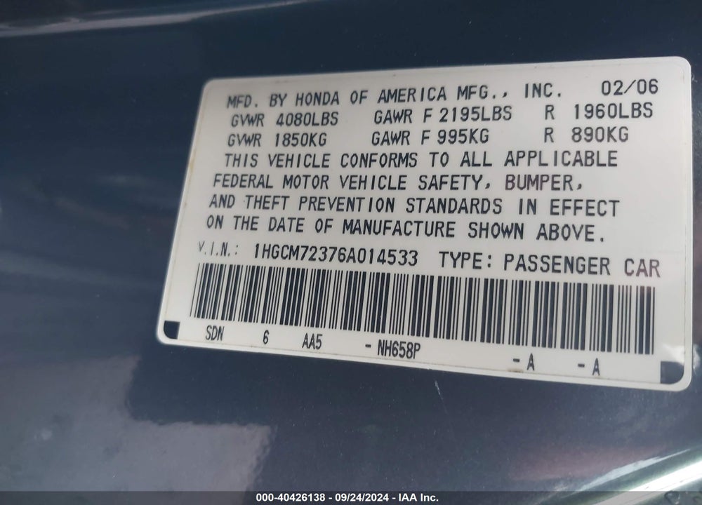2006 HONDA ACCORD 2.4 LX VIN: 1HGCM72376A014533