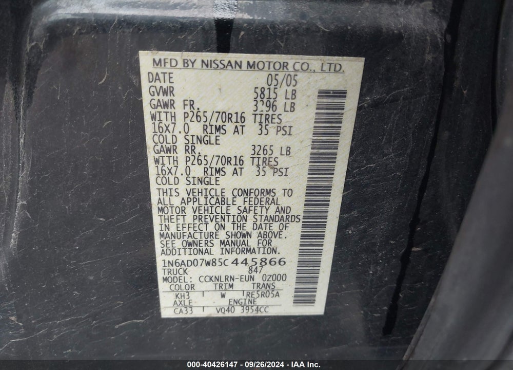 2005 NISSAN FRONTIER SE VIN: 1N6AD07W85C445866