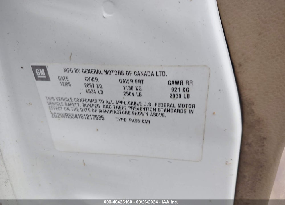 2006 PONTIAC GRAND PRIX GT VIN: 2G2WR554161217535
