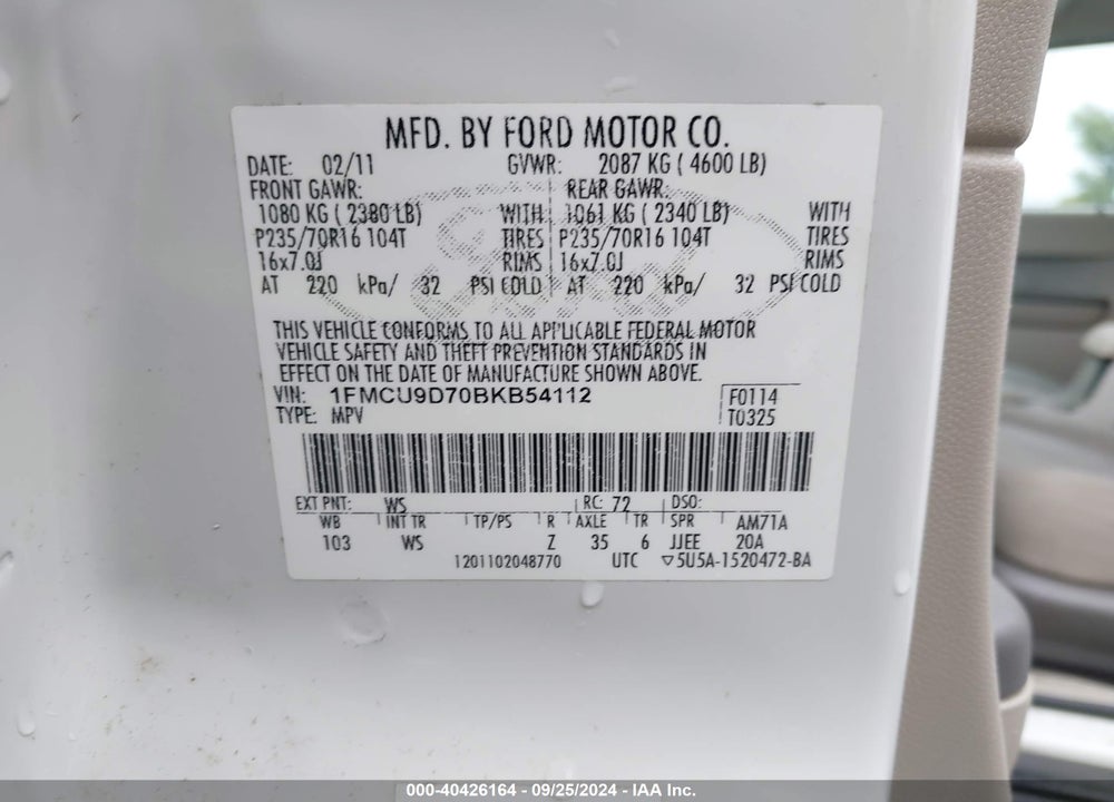 2011 FORD ESCAPE XLT VIN: 1FMCU9D70BKB54112