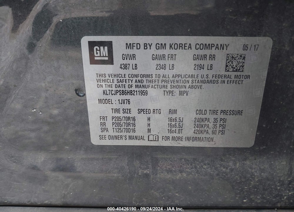 2017 CHEVROLET TRAX LT VIN: KL7CJPSB6HB211959