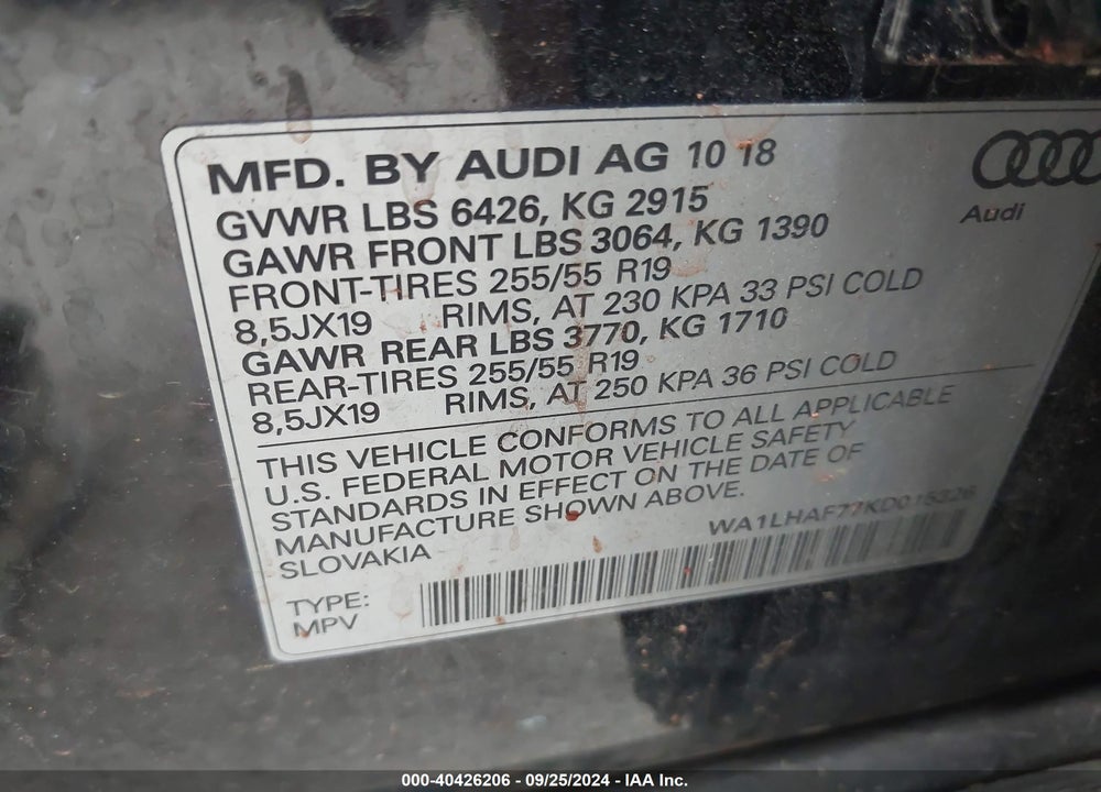 2019 AUDI Q7 45 PREMIUM/45 SE PREMIUM VIN: WA1LHAF77KD015326