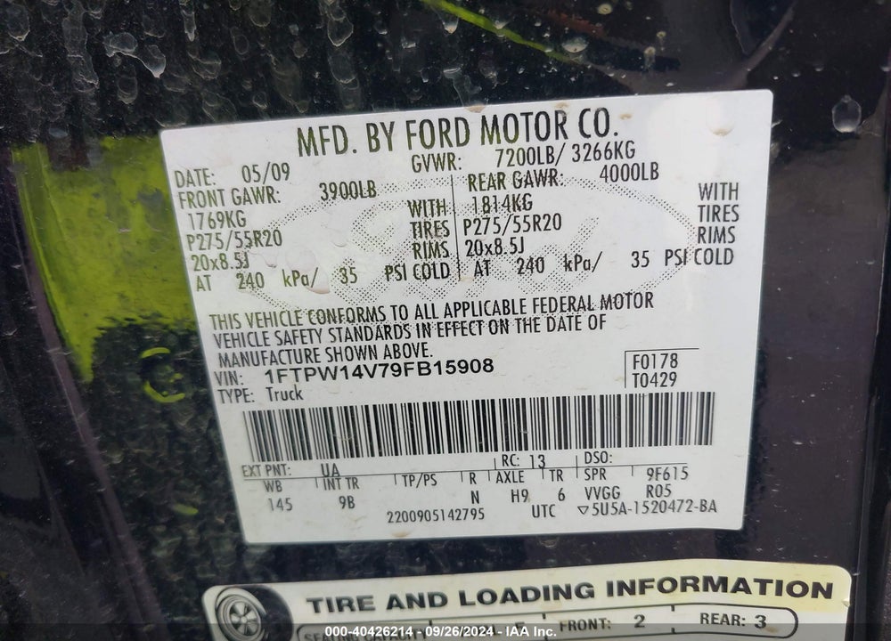 2009 FORD F-150 VIN: 1FTPW14V79FB15908