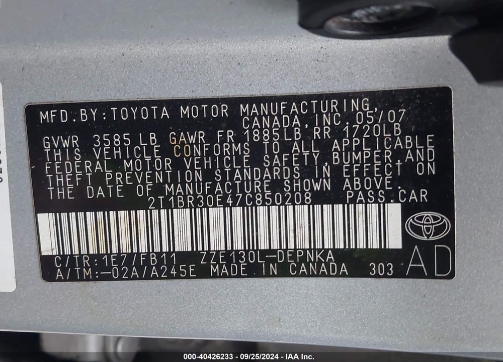 2007 TOYOTA COROLLA LE VIN: 2T1BR30E47C850208