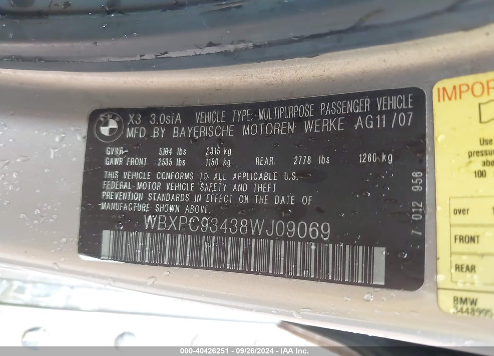 2008 BMW X3 3.0SI VIN: WBXPC93438WJ09069