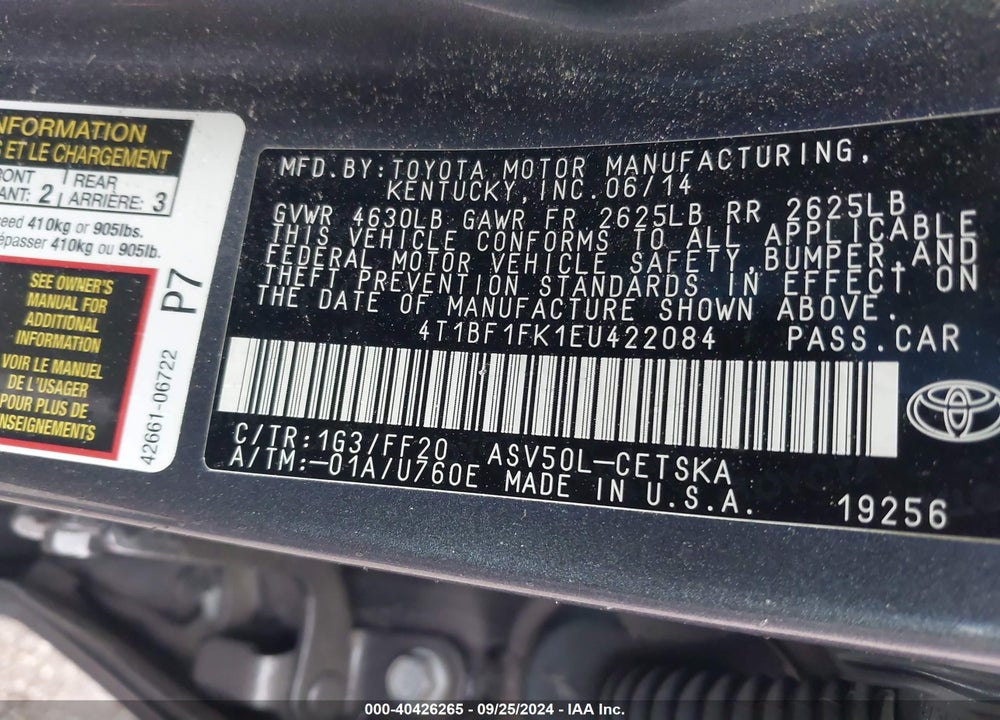 2014 TOYOTA CAMRY SE VIN: 4T1BF1FK1EU422084