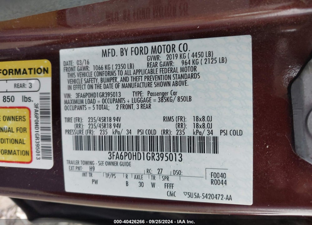 2016 FORD FUSION SE VIN: 3FA6P0HD1GR395013