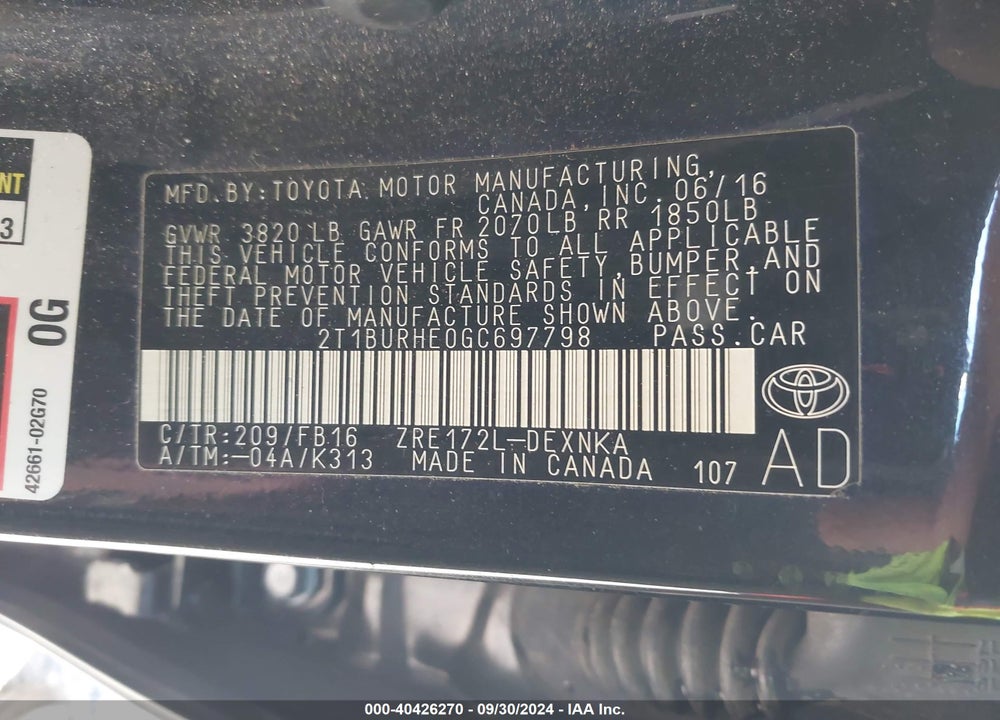 2016 TOYOTA COROLLA LE VIN: 2T1BURHE0GC697798