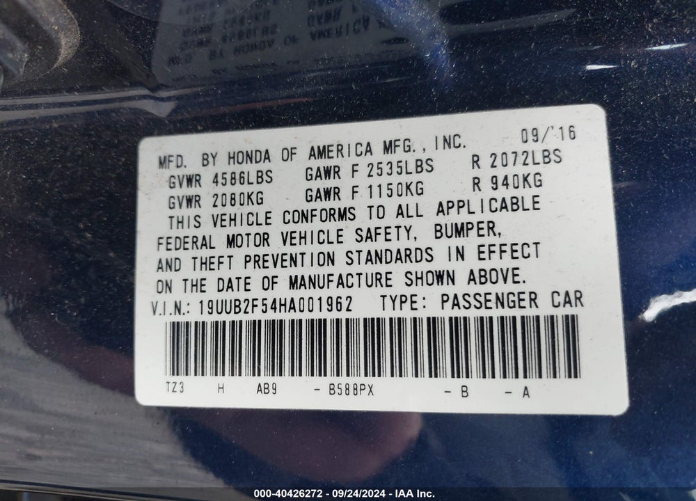 2017 ACURA TLX TECHNOLOGY PACKAGE VIN: 19UUB2F54HA001962