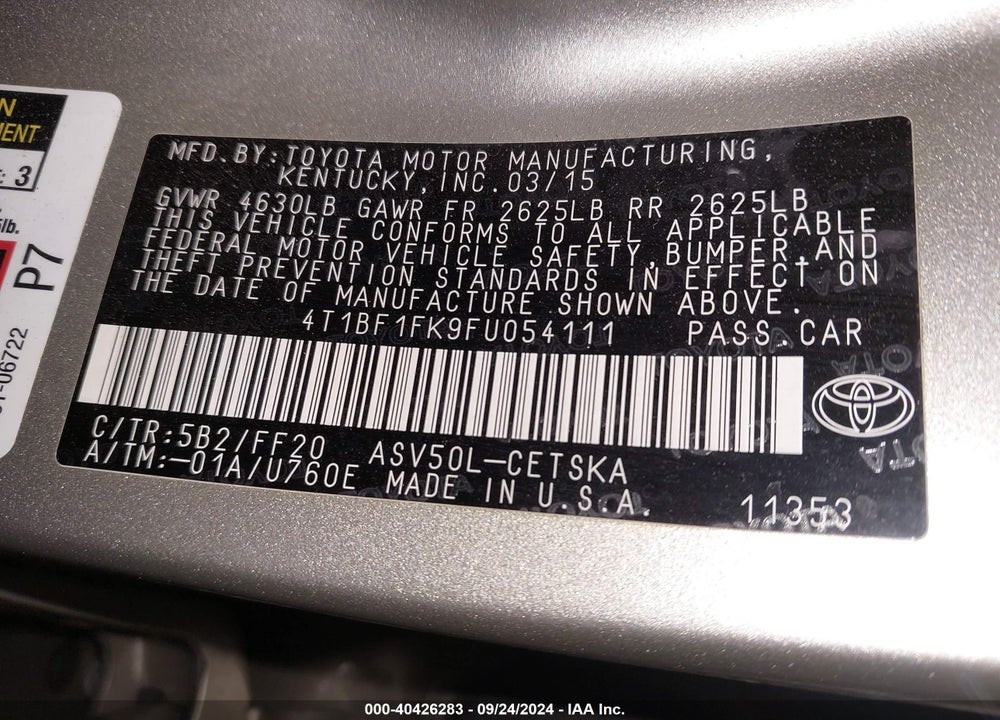 2015 TOYOTA CAMRY SE VIN: 4T1BF1FK9FU054111