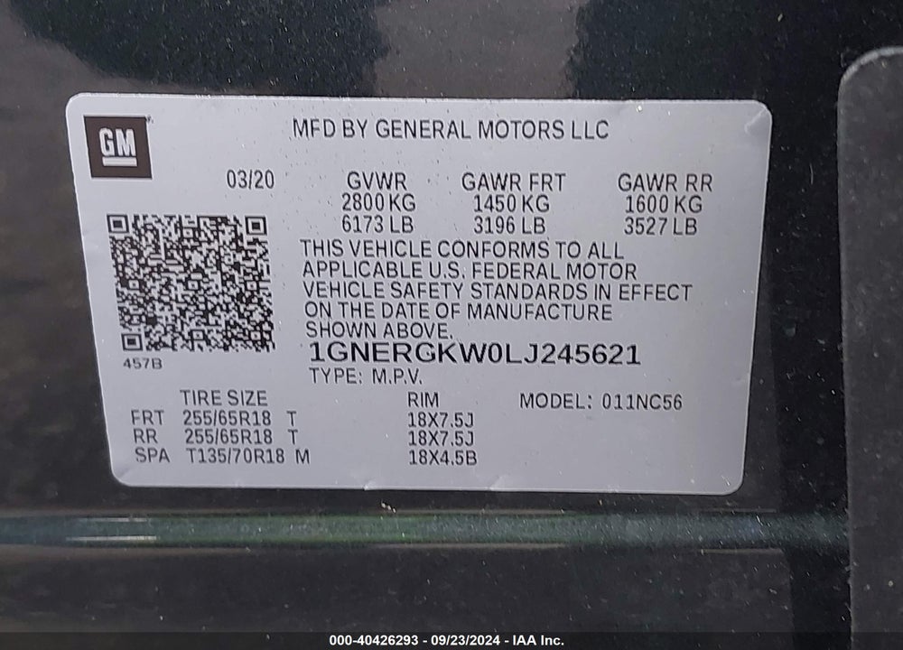 2020 CHEVROLET TRAVERSE FWD LT CLOTH VIN: 1GNERGKW0LJ245621