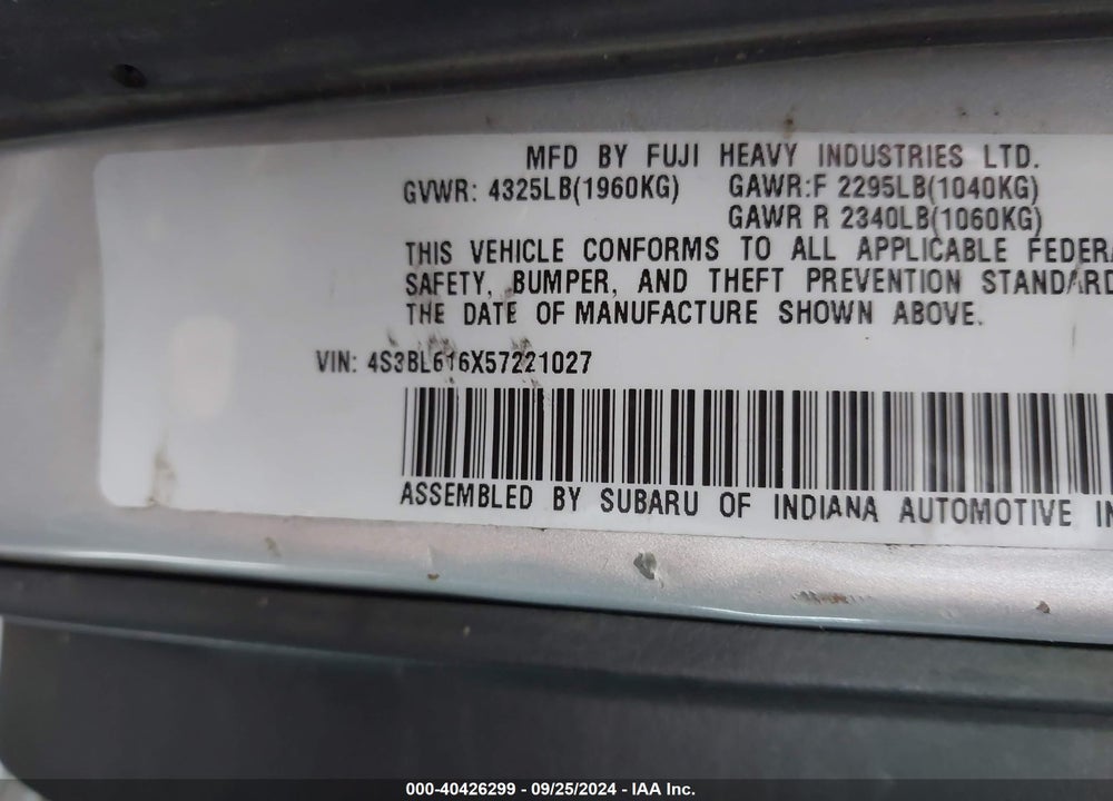 2005 SUBARU LEGACY 2.5I VIN: 4S3BL616X57221027