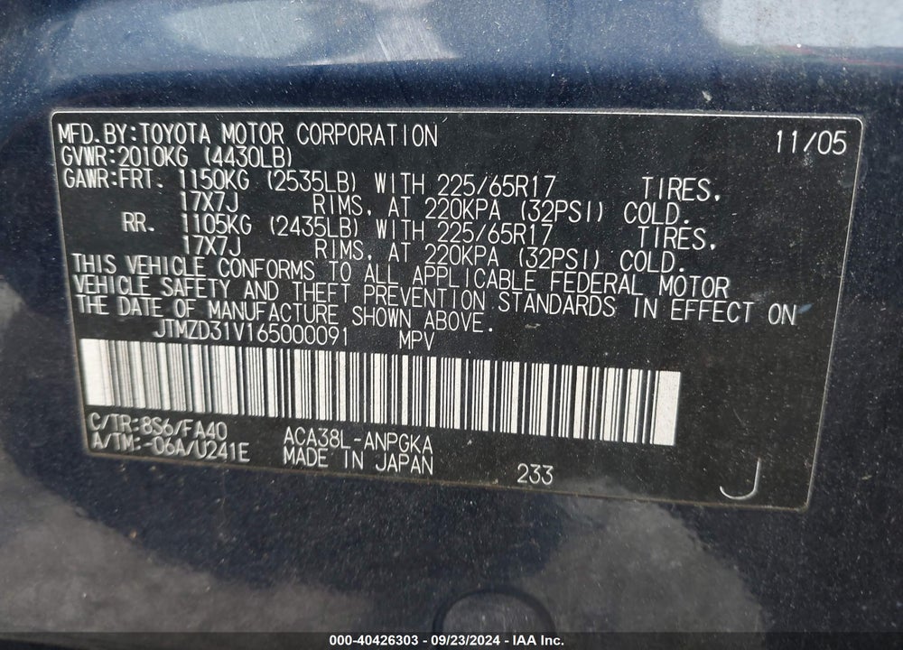 2006 TOYOTA RAV4 LIMITED VIN: JTMZD31V165000091