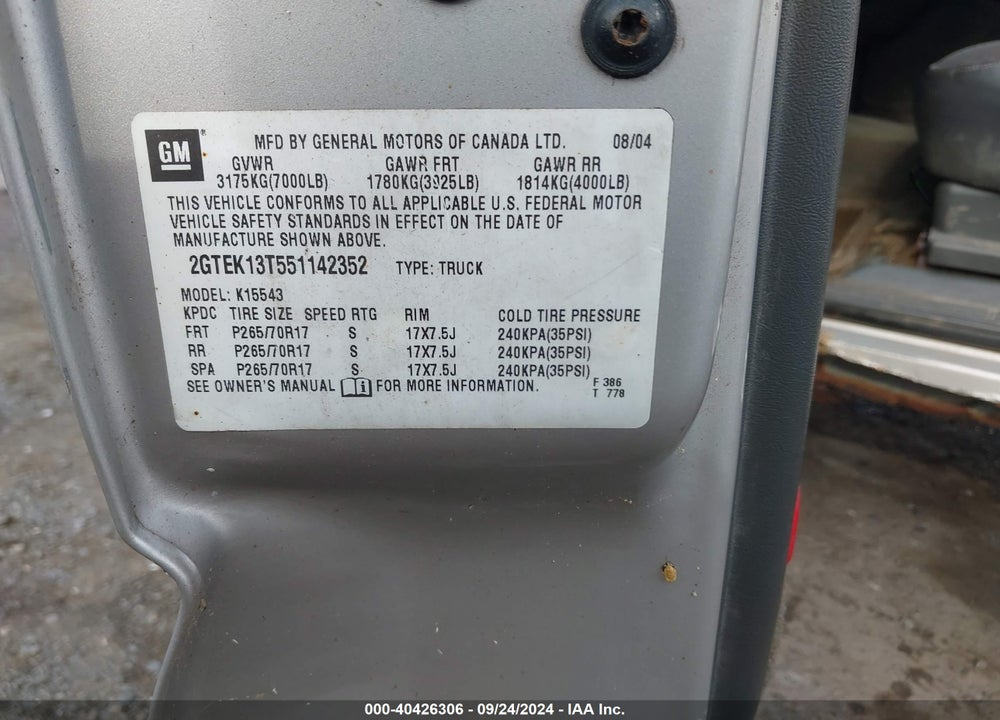 2005 GMC SIERRA 1500 SLE VIN: 2GTEK13T551142352