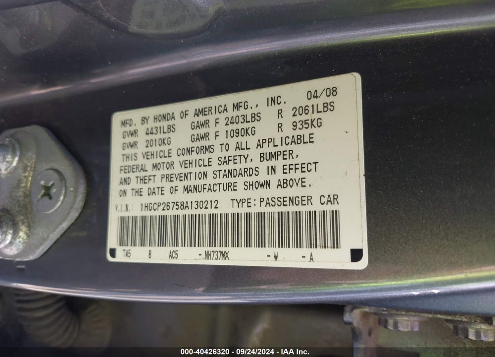 2008 HONDA ACCORD 2.4 EX VIN: 1HGCP26758A130212