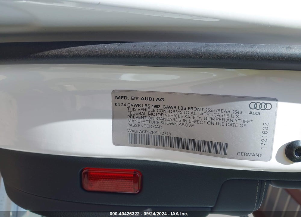 2024 AUDI A5 SPORTBACK PREMIUM PLUS 45 TFSI QUATTRO S TRONIC VIN: WAUFACF52RA112718