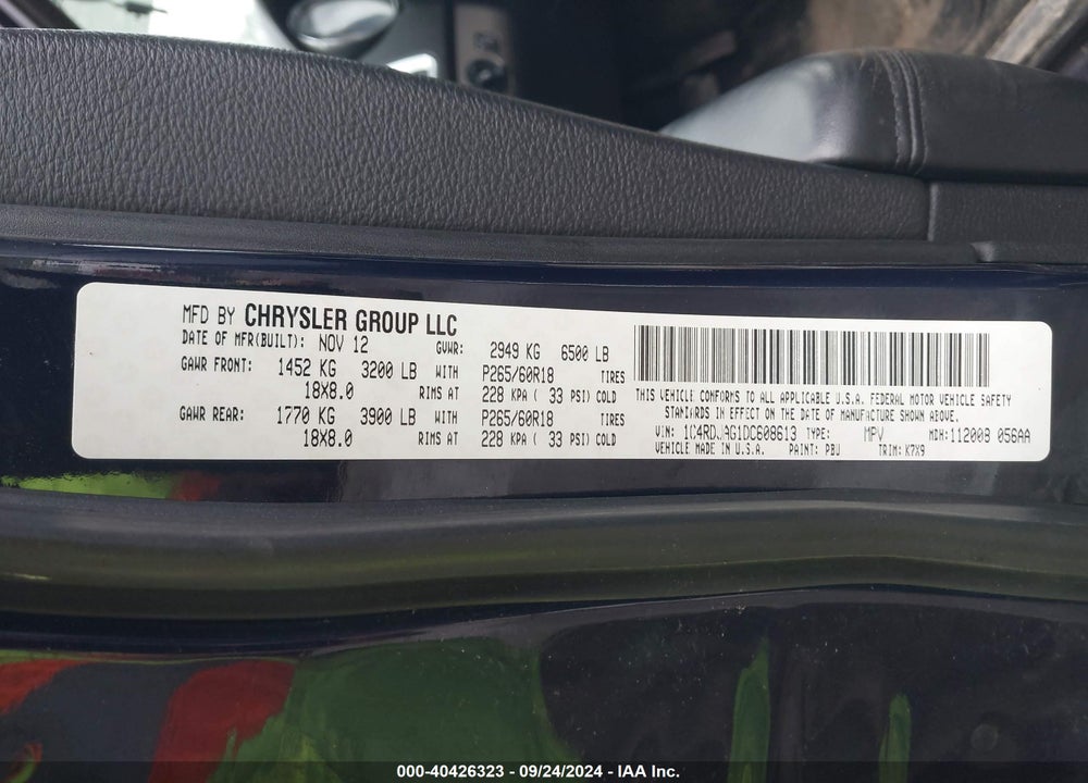 2013 DODGE DURANGO SXT VIN: 1C4RDJAG1DC608613