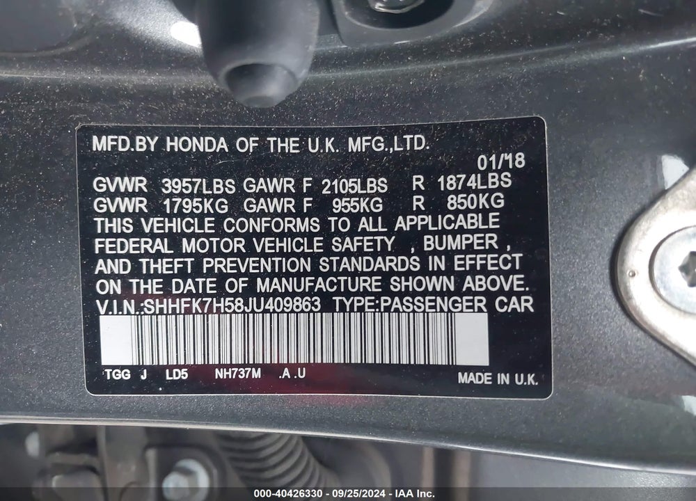2018 HONDA CIVIC EX VIN: SHHFK7H58JU409863
