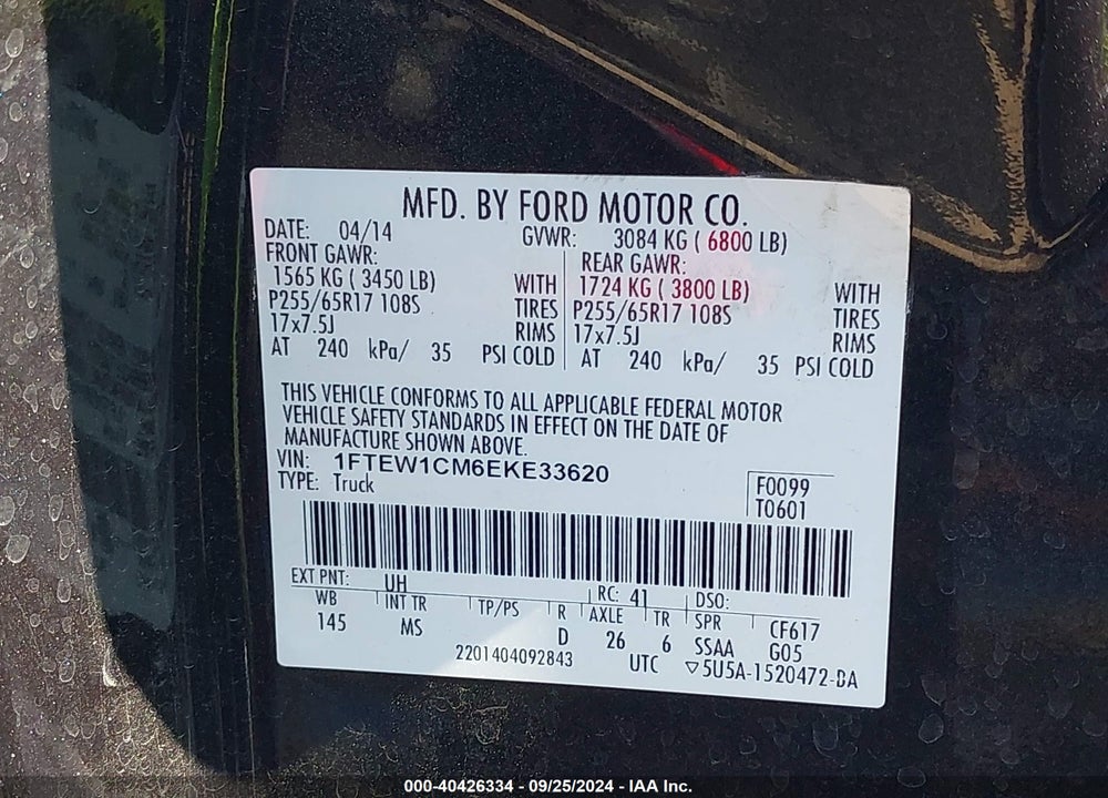 2014 FORD F-150 XLT VIN: 1FTEW1CM6EKE33620