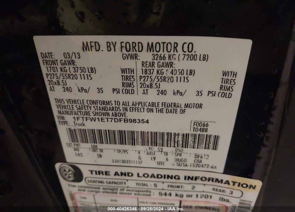 2013 FORD F-150 FX4 VIN: 1FTFW1ET7DFB98354