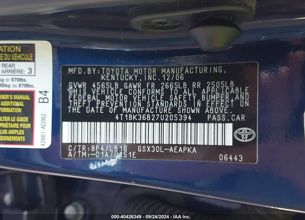 2007 TOYOTA AVALON LIMITED VIN: 4T1BK36B27U205394
