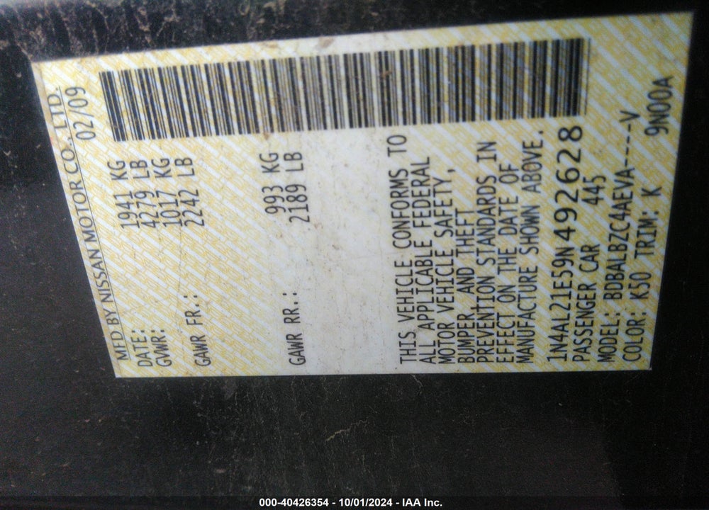 2009 NISSAN ALTIMA 2.5 S VIN: 1N4AL21E59N492628