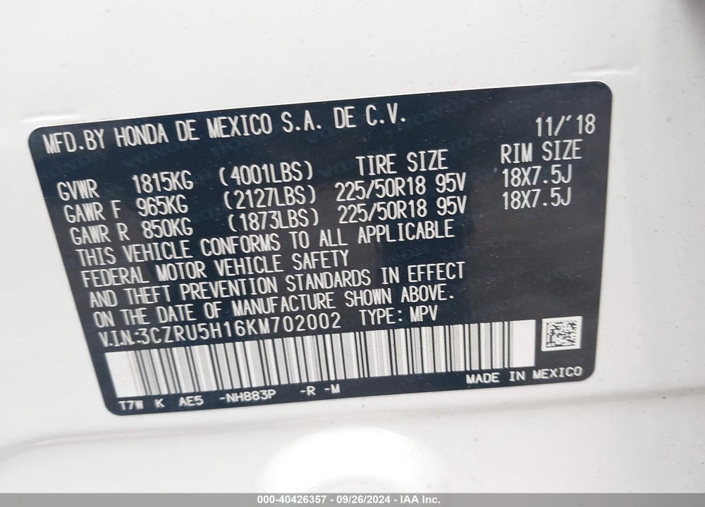 2019 HONDA HR-V SPORT VIN: 3CZRU5H16KM702002